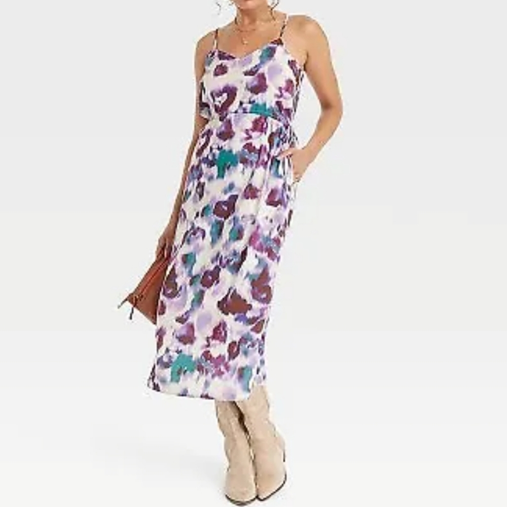 Universal Thread Floral Midi Dress in White, Purple, Teal, Brown